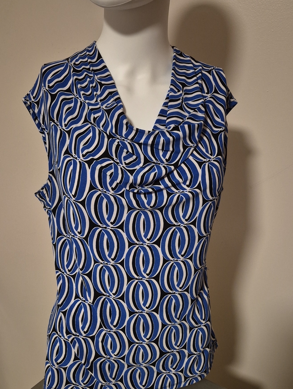Kasper Blue, Black & White Geometric Cowl-Neck Camisole